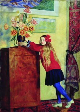  Mikhailovich Malerei - Mädchen mit Blumen 1917 Boris Mikhailovich Kustodiev schöne Frau Dame